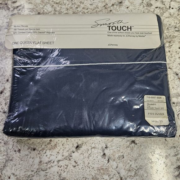 Vintage NOS JC Penney Smooth Touch Queen Flat Sheet Navy Blue 180 TC - Picture 2 of 5